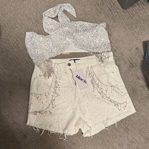 White Denim Jean Shorts with Silver Accents